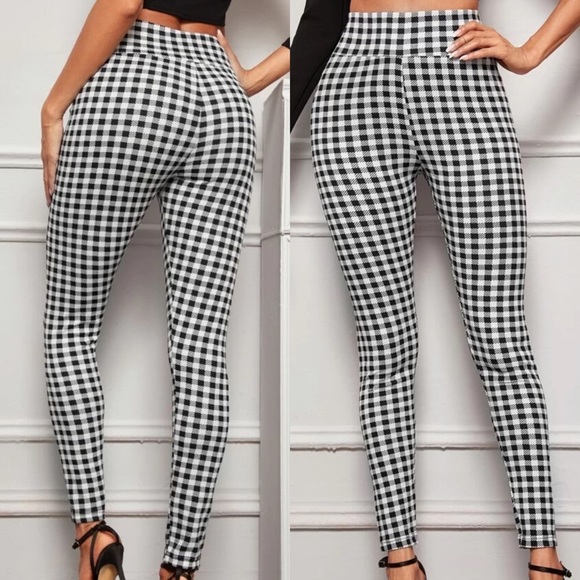 Pants - Gingham plaid high rise skinny pants black